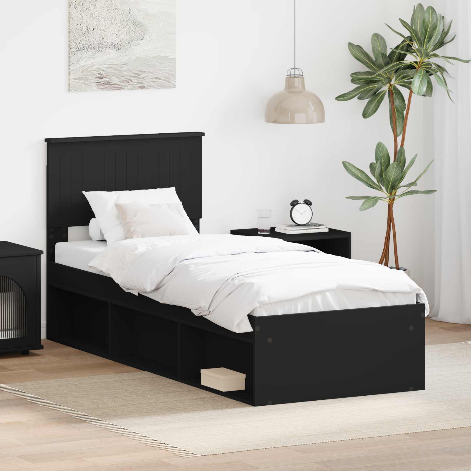 Sengestel med hovedgærde Sort 75 x 190 cm Massiv fyrretræ billede