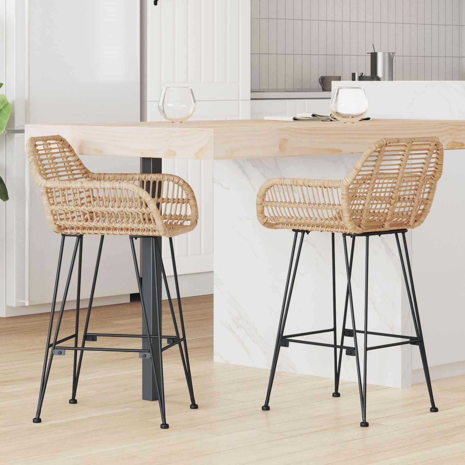 Barstol 2 stk Naturfarvet 55 x 52 x 92 cm Rattan og Jern billede