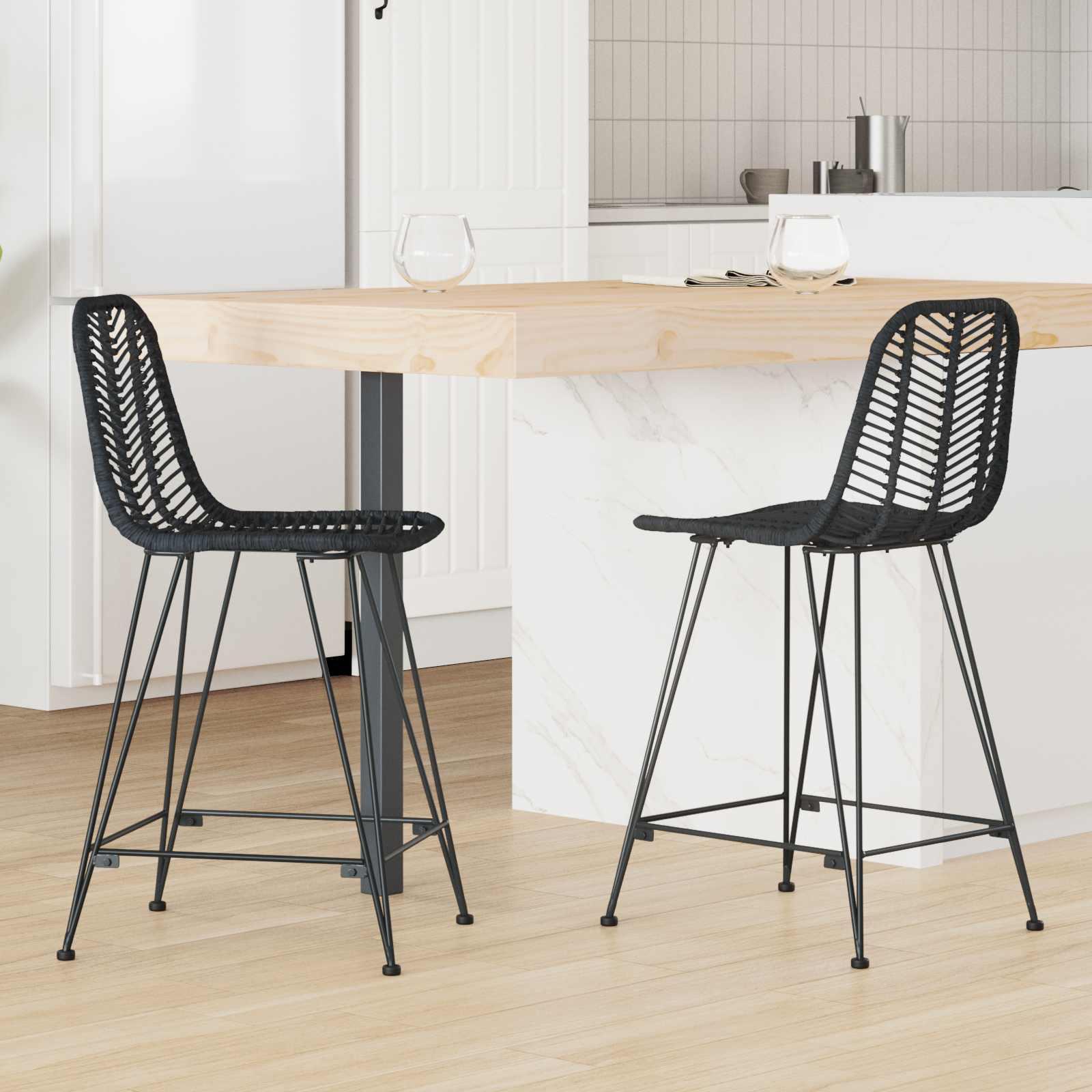 Barstol 2 stk Sort 44,5 x 54,5 x 97,5 cm Rattan og Jern billede