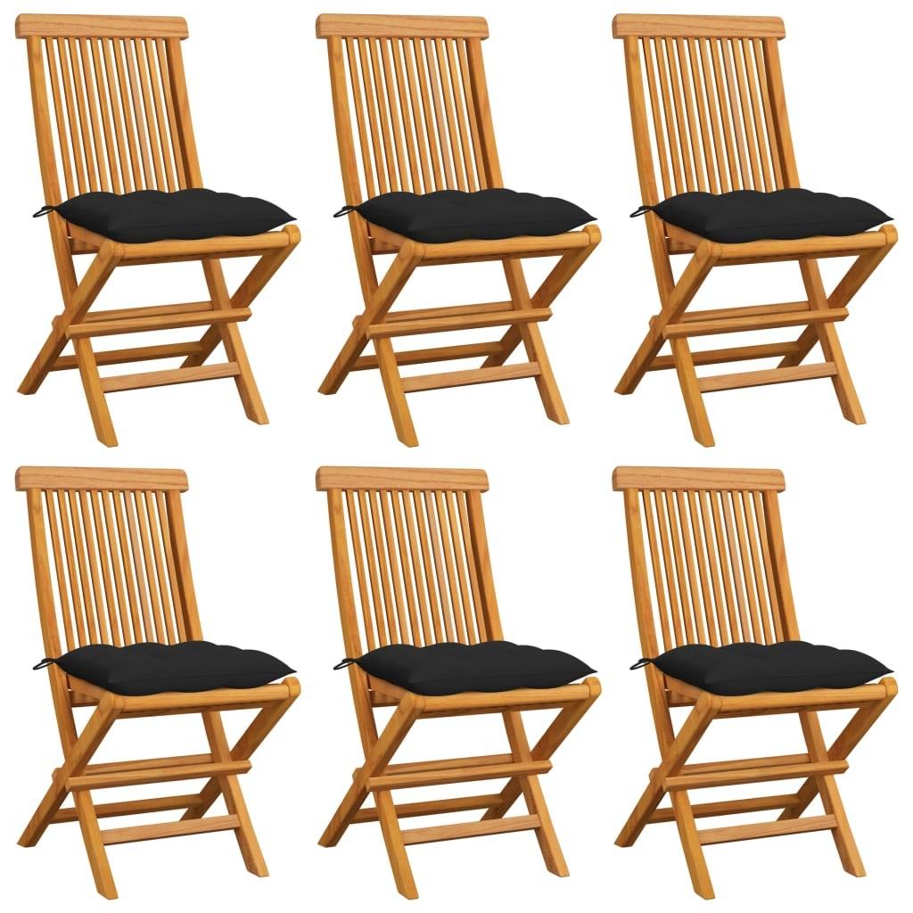 Havestole med sorte hynder 6 stk. massivt teaktræ