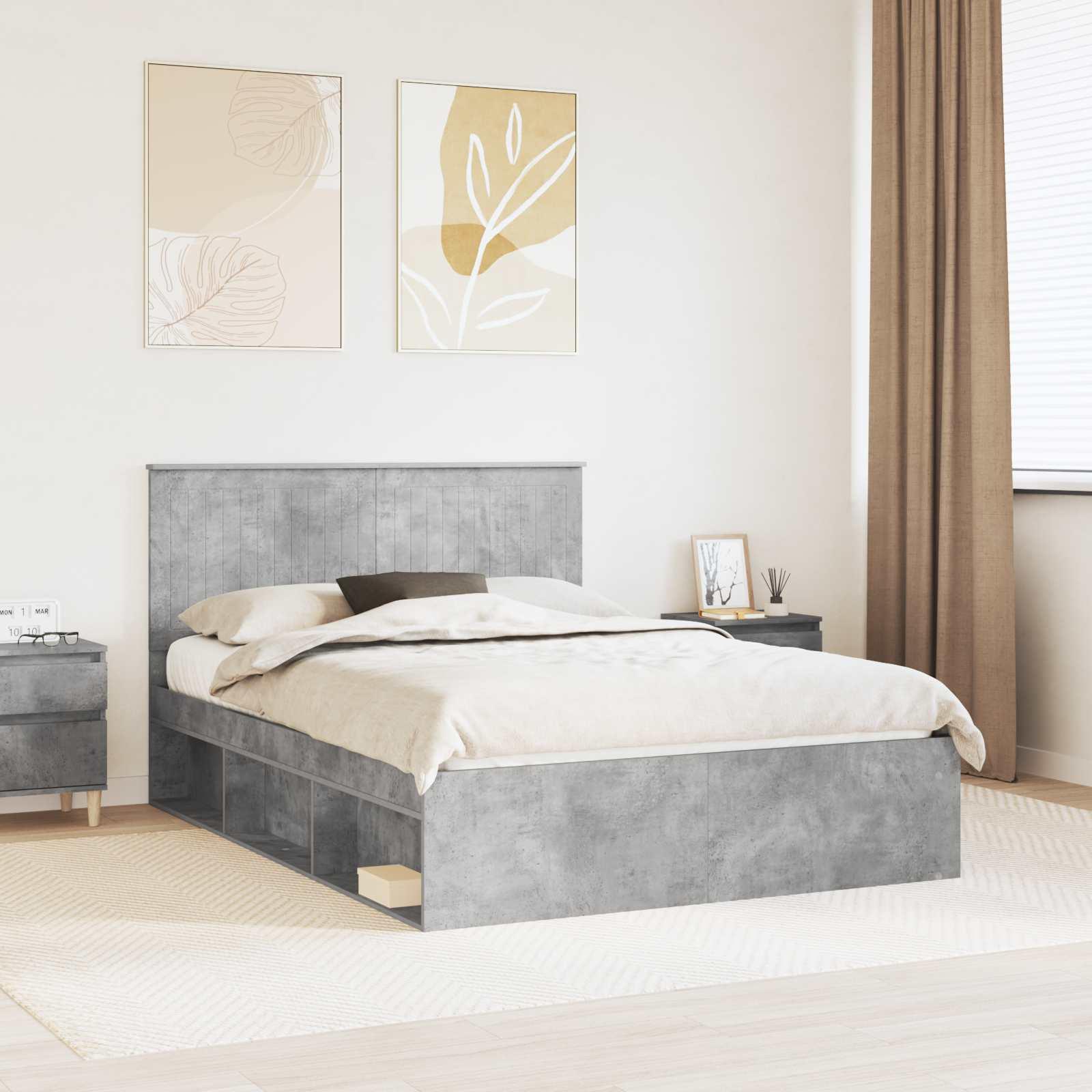 Sengestel med hovedgærde Beton Grå 135 x 190 cm Massiv fyrretræ billede