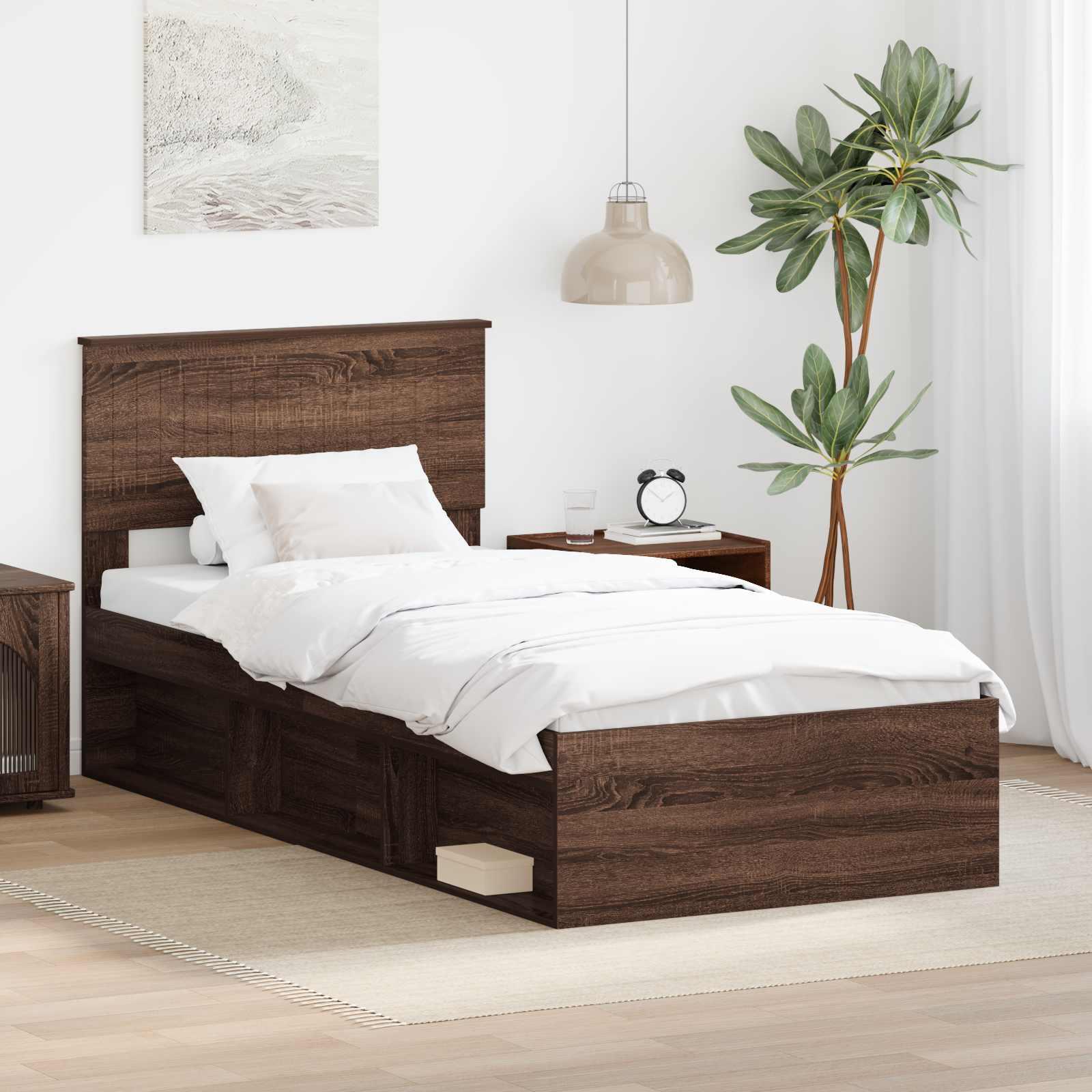Sengestel med hovedgærde Brun eg 90 x 200 cm Massiv fyrretræ billede