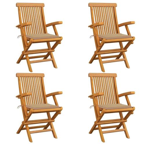 Havestole med beige hynder 4 stk. massivt teaktræ