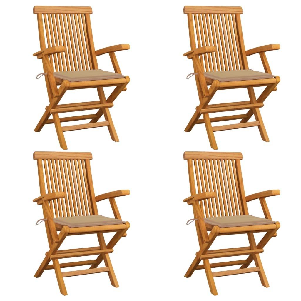Havestole med beige hynder 4 stk. massivt teaktræ