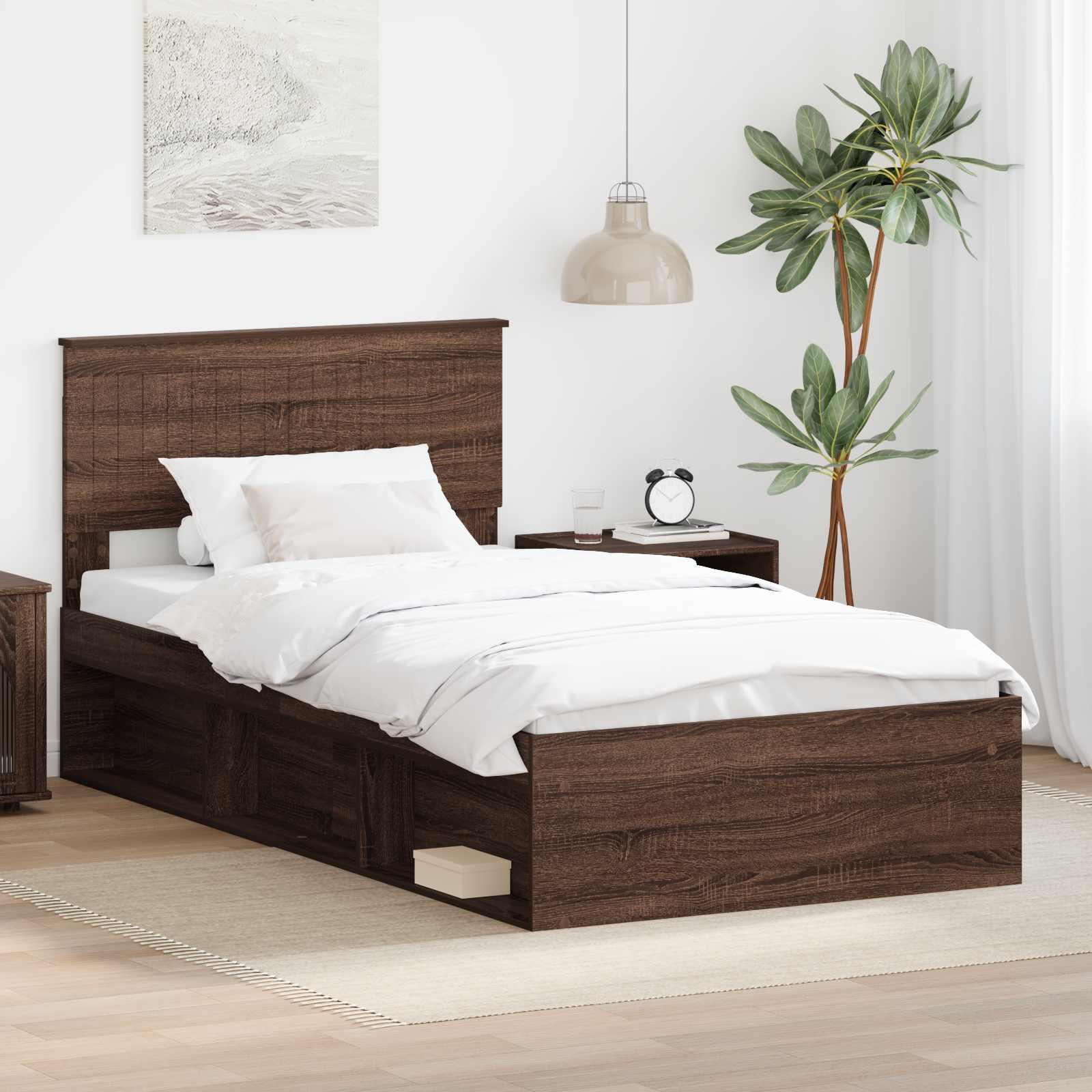 Sengestel med hovedgærde Brun eg 100 x 200 cm Massiv fyrretræ billede