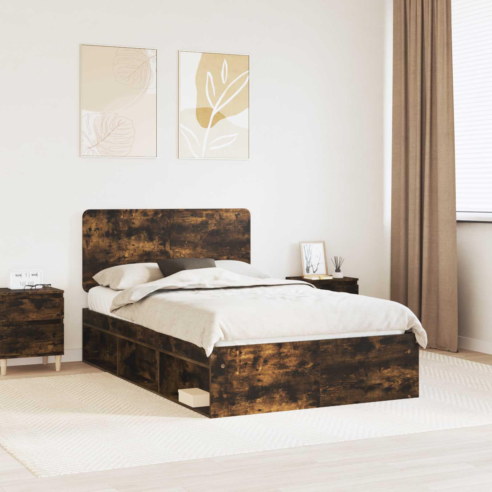 Sengestel med hovedgærde Røget eg 135 x 190 cm Massiv fyrretræ billede