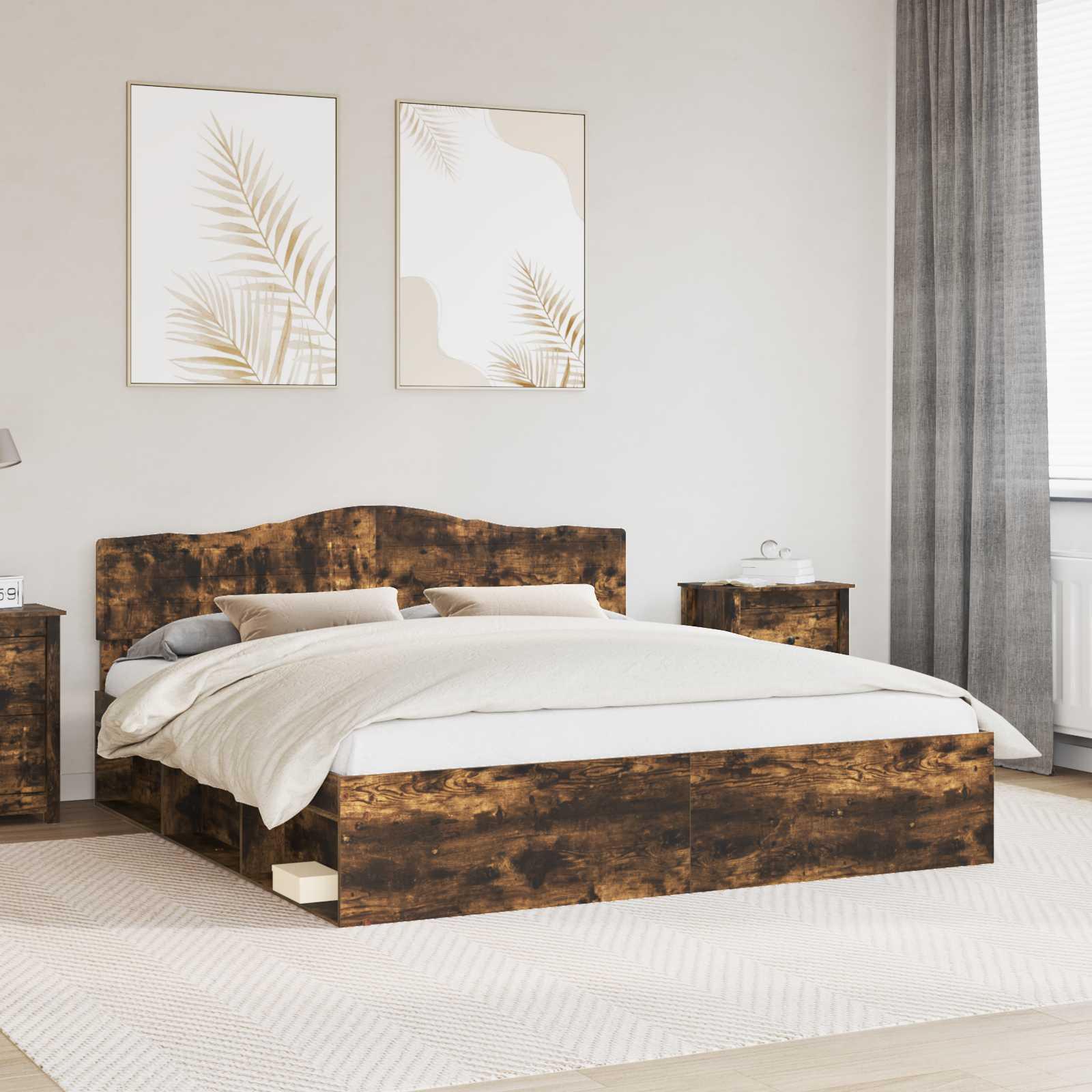 Sengestel med hovedgærde Røget eg 180 x 200 cm Massiv fyrretræ billede