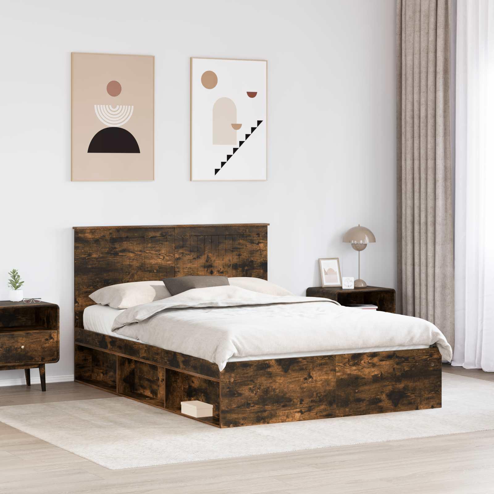 Sengestel med hovedgærde Røget eg 140 x 200 cm Massiv fyrretræ billede