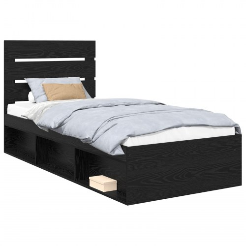 Sengestel i sort eg 90 x 190 cm med fyrretræshovedgærde