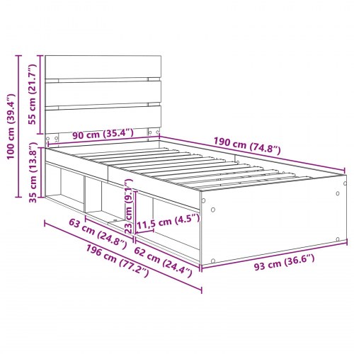 Sengestel i sort eg 90 x 190 cm med fyrretræshovedgærde