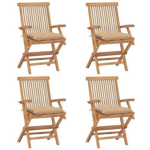 Havestole med beige hynder 4 stk. massivt teaktræ
