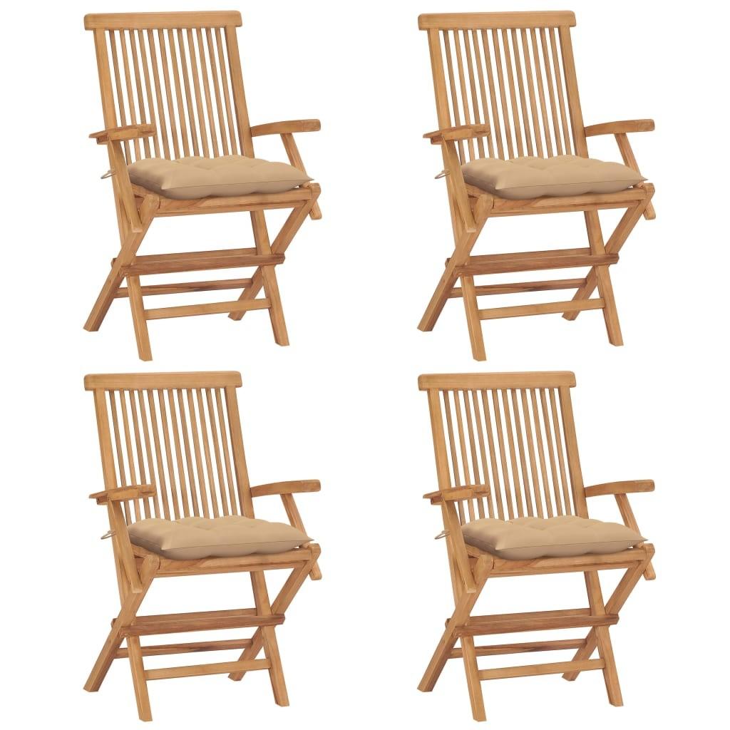 Havestole med beige hynder 4 stk. massivt teaktræ