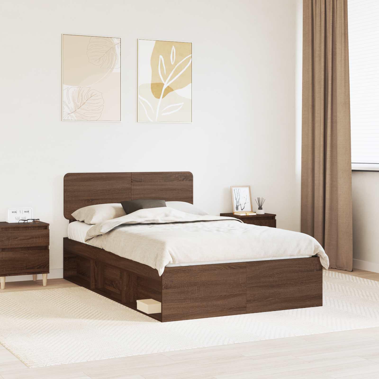 Sengestel med hovedgærde Brun eg 120 x 190 cm Massiv fyrretræ billede