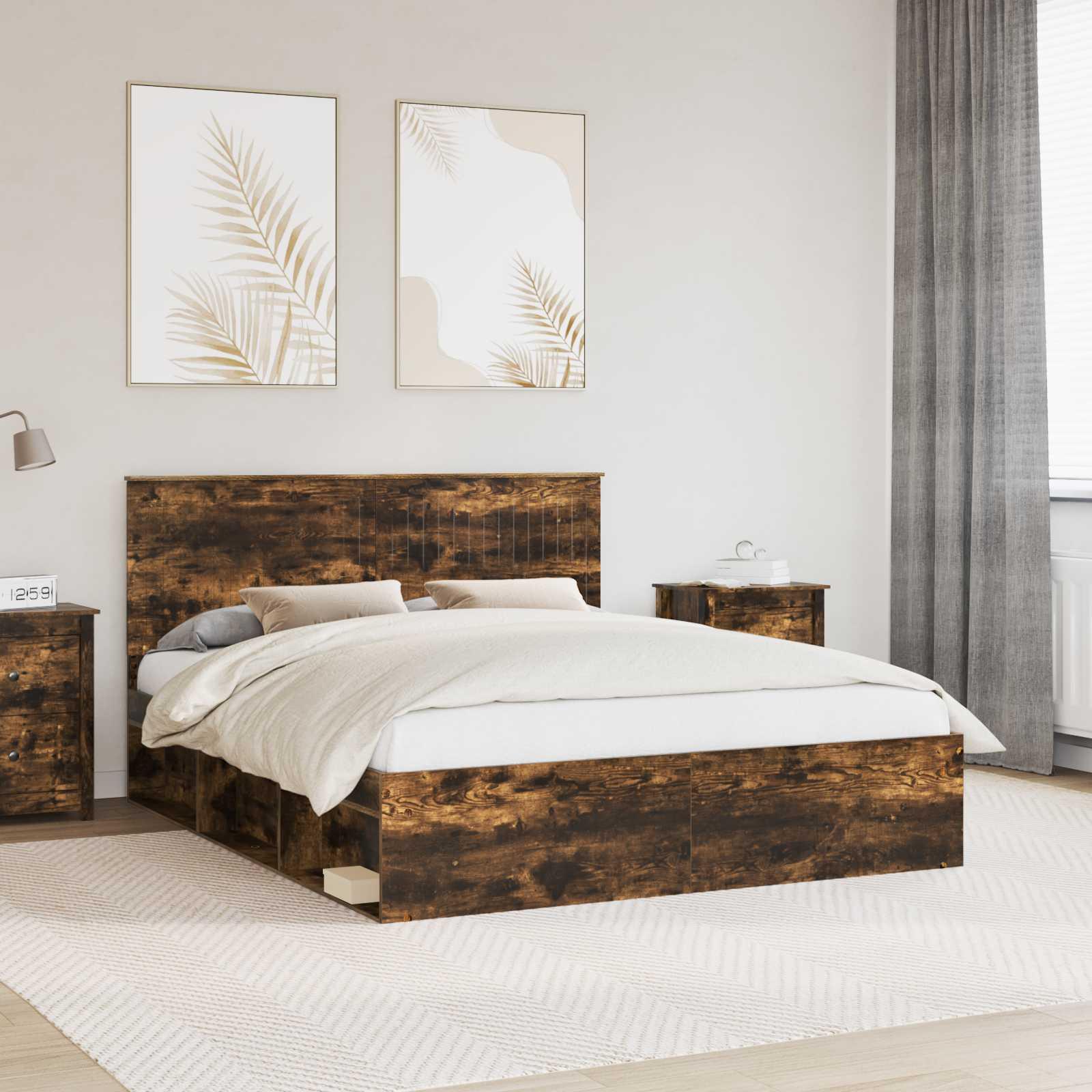 Sengestel med hovedgærde Røget eg 160 x 200 cm Massiv fyrretræ billede