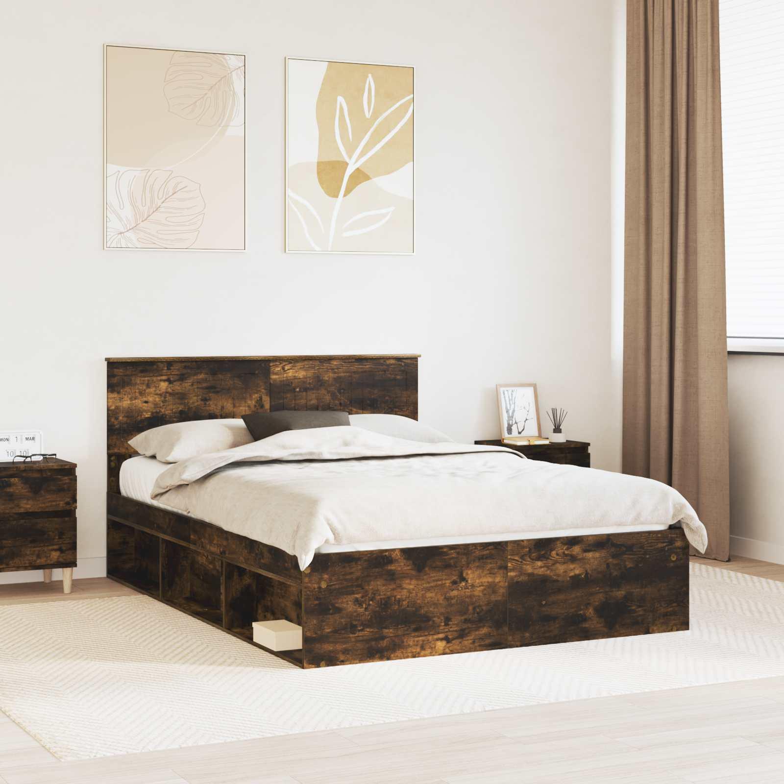 Sengestel med hovedgærde Røget eg 135 x 190 cm Massiv fyrretræ billede
