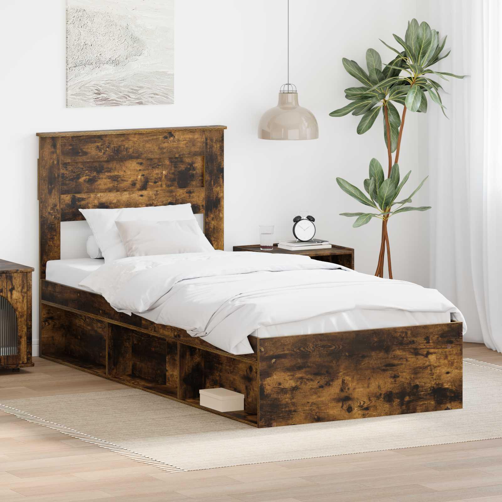 Sengestel med hovedgærde Røget eg 100 x 200 cm Massiv fyrretræ billede
