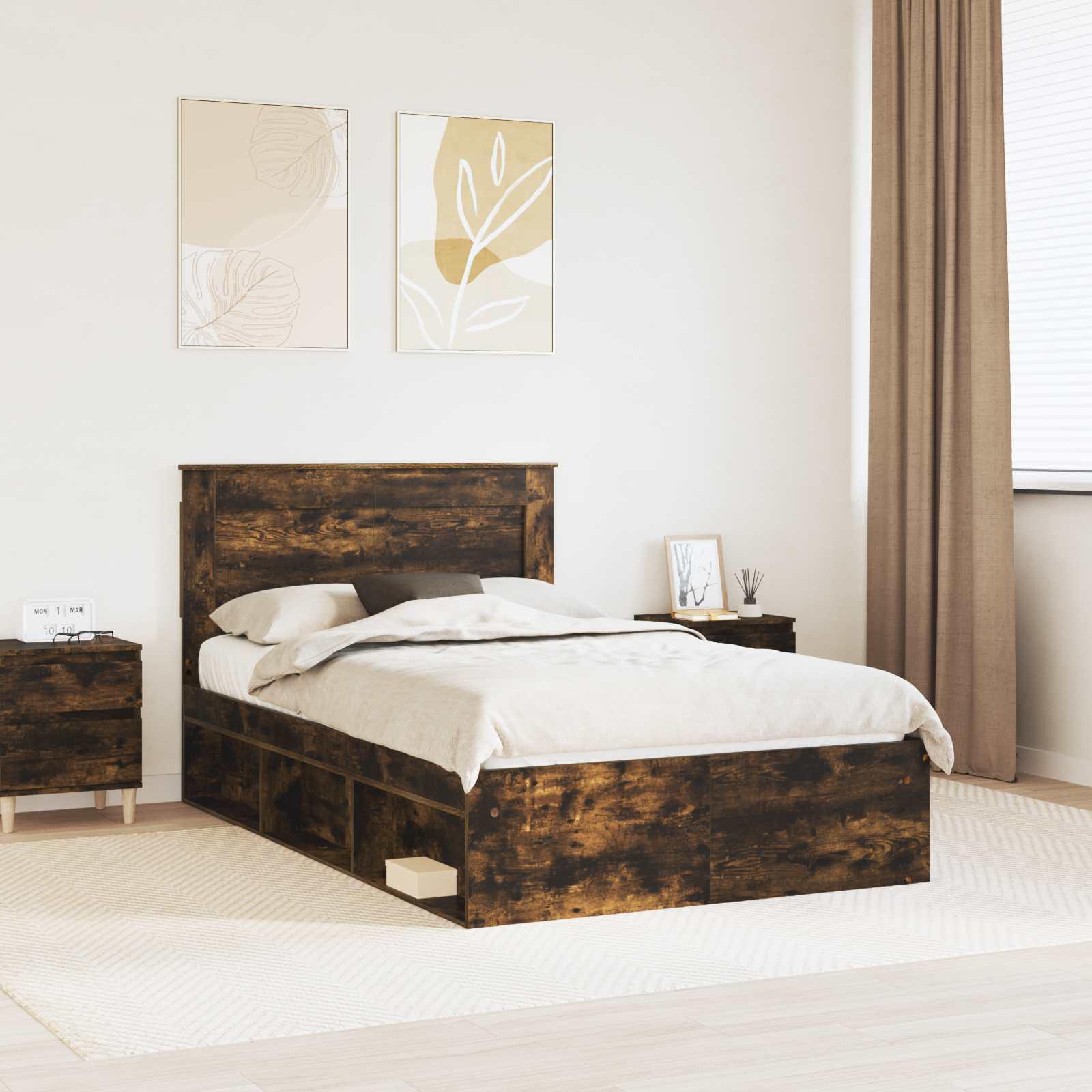 Sengestel med hovedgærde Røget eg 120 x 190 cm Massiv fyrretræ billede