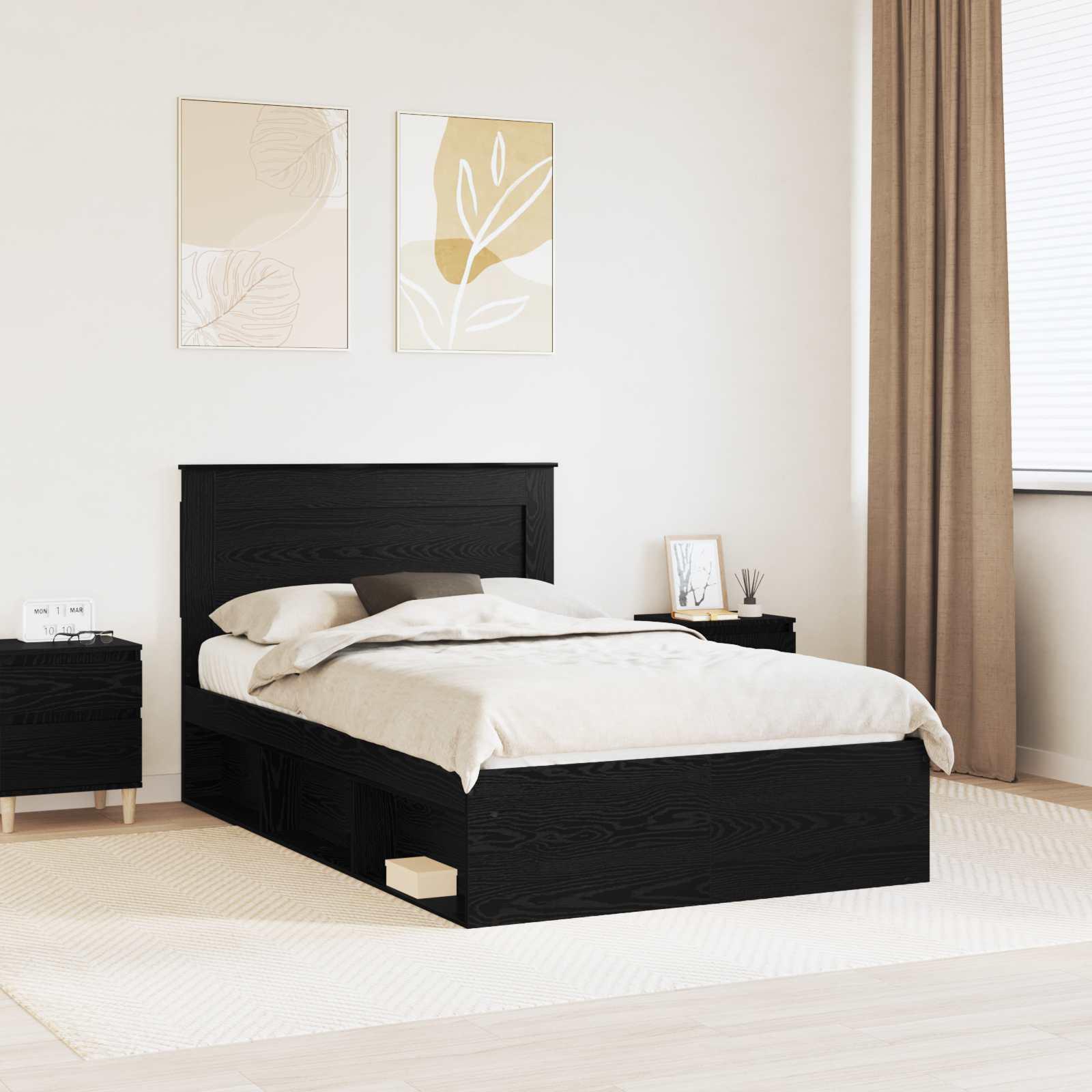 Sengestel med hovedgærde Sort 135 x 190 cm Massiv fyrretræ billede