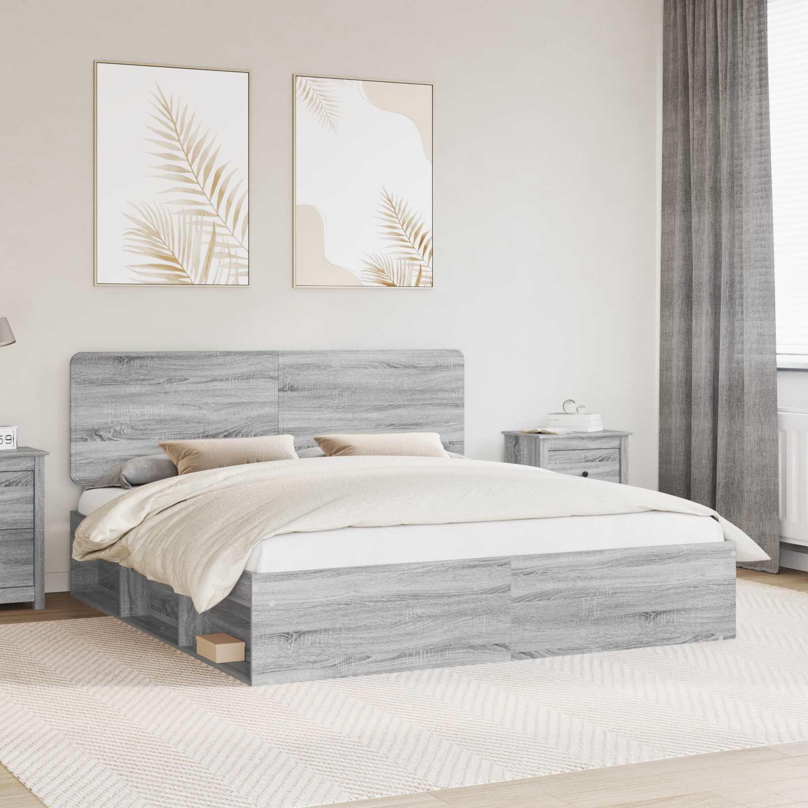 Sengestel grå sonoma 200 x 200 cm - massivt fyrretræ hovedgærde