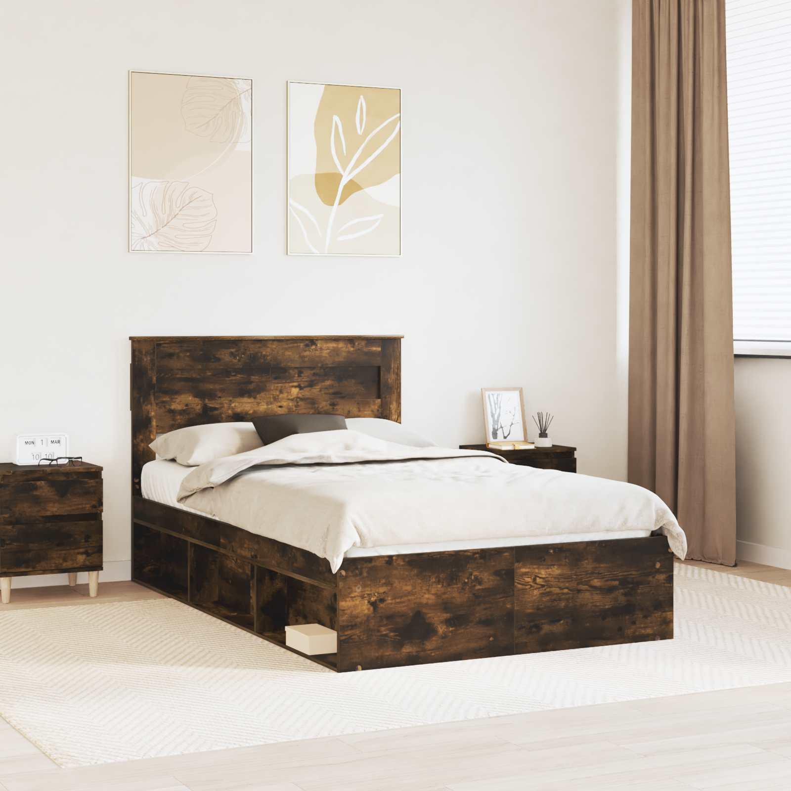 Sengestel med hovedgærde Røget eg 135 x 190 cm Massiv fyrretræ billede