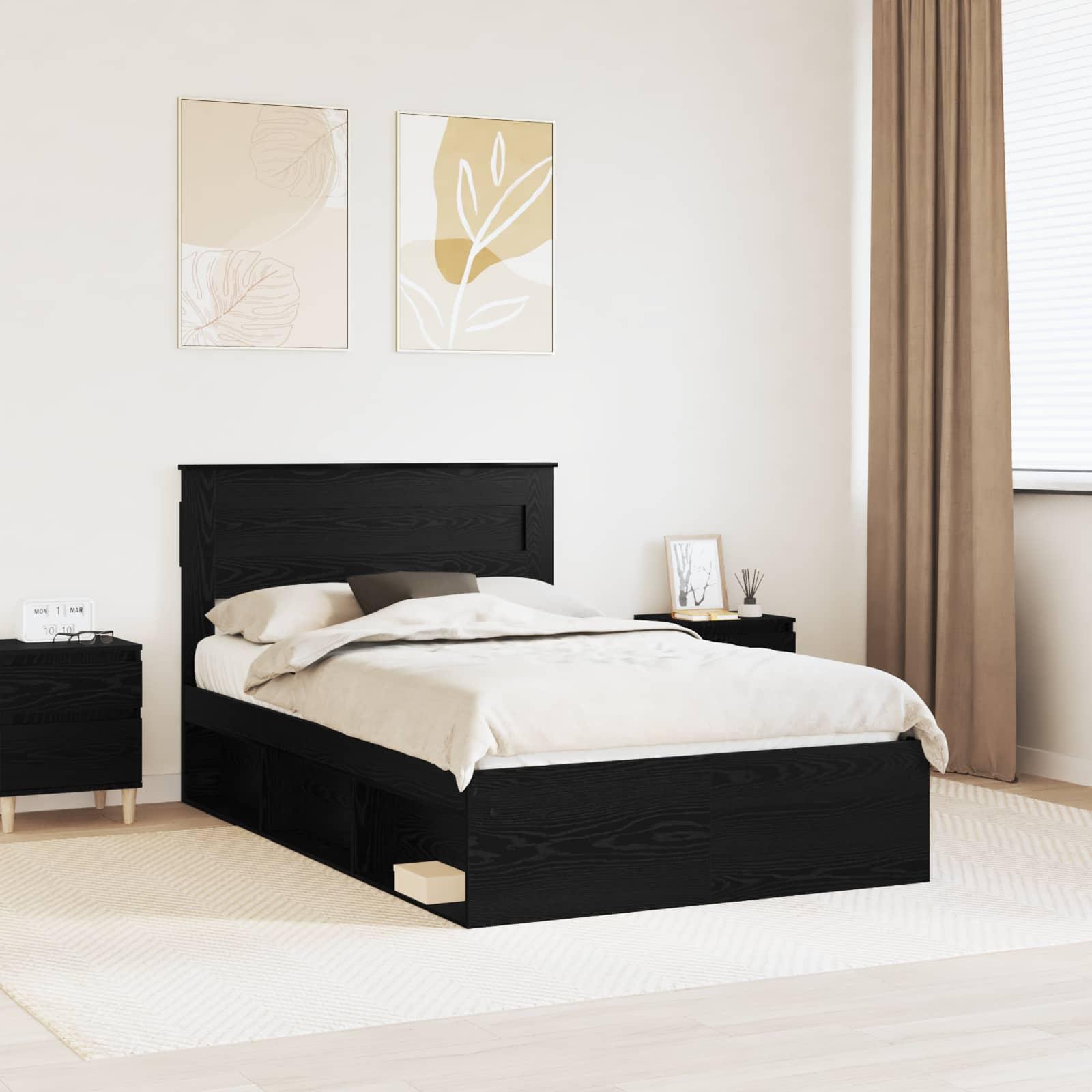 Sengestel med hovedgærde Sort 135 x 190 cm Massiv fyrretræ billede