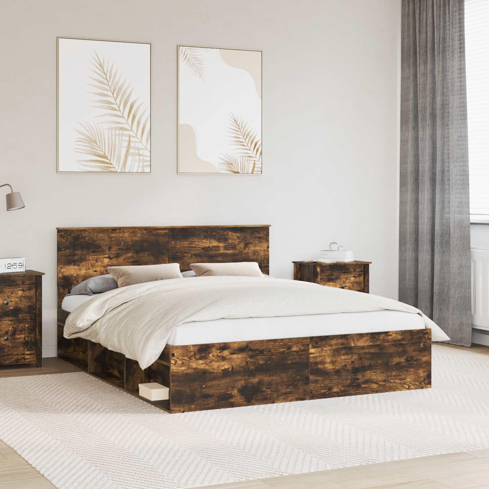 Sengestel med hovedgærde Røget eg 160 x 200 cm Massiv fyrretræ billede