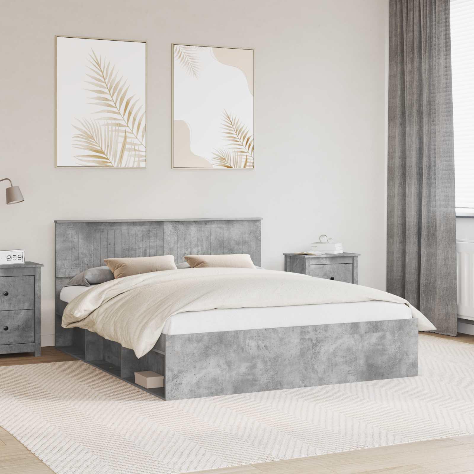 Sengestel med hovedgærde Beton 160 x 200 cm Massiv fyrretræ billede