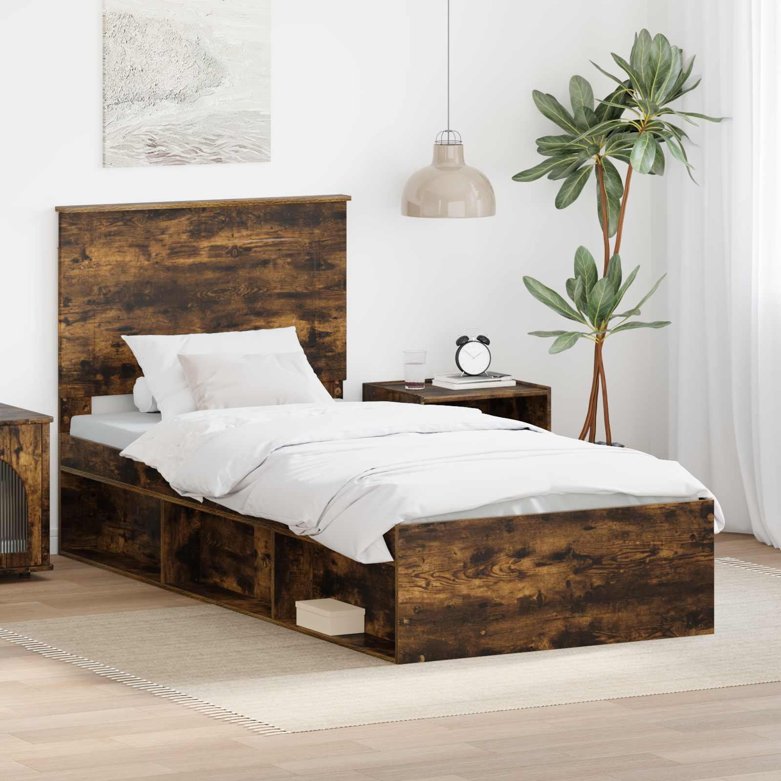 Sengestel med hovedgærde Røget eg 100 x 200 cm Massiv fyrretræ billede