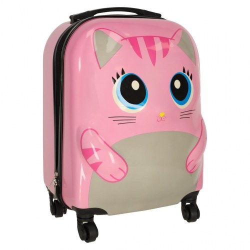 Kuffert til børn på hjul - kat, pink