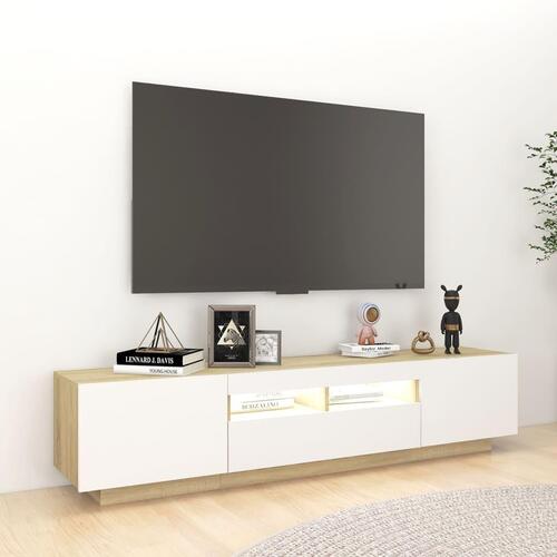Tv-skab med LED-lys 180x35x40 cm hvid og sonoma-eg