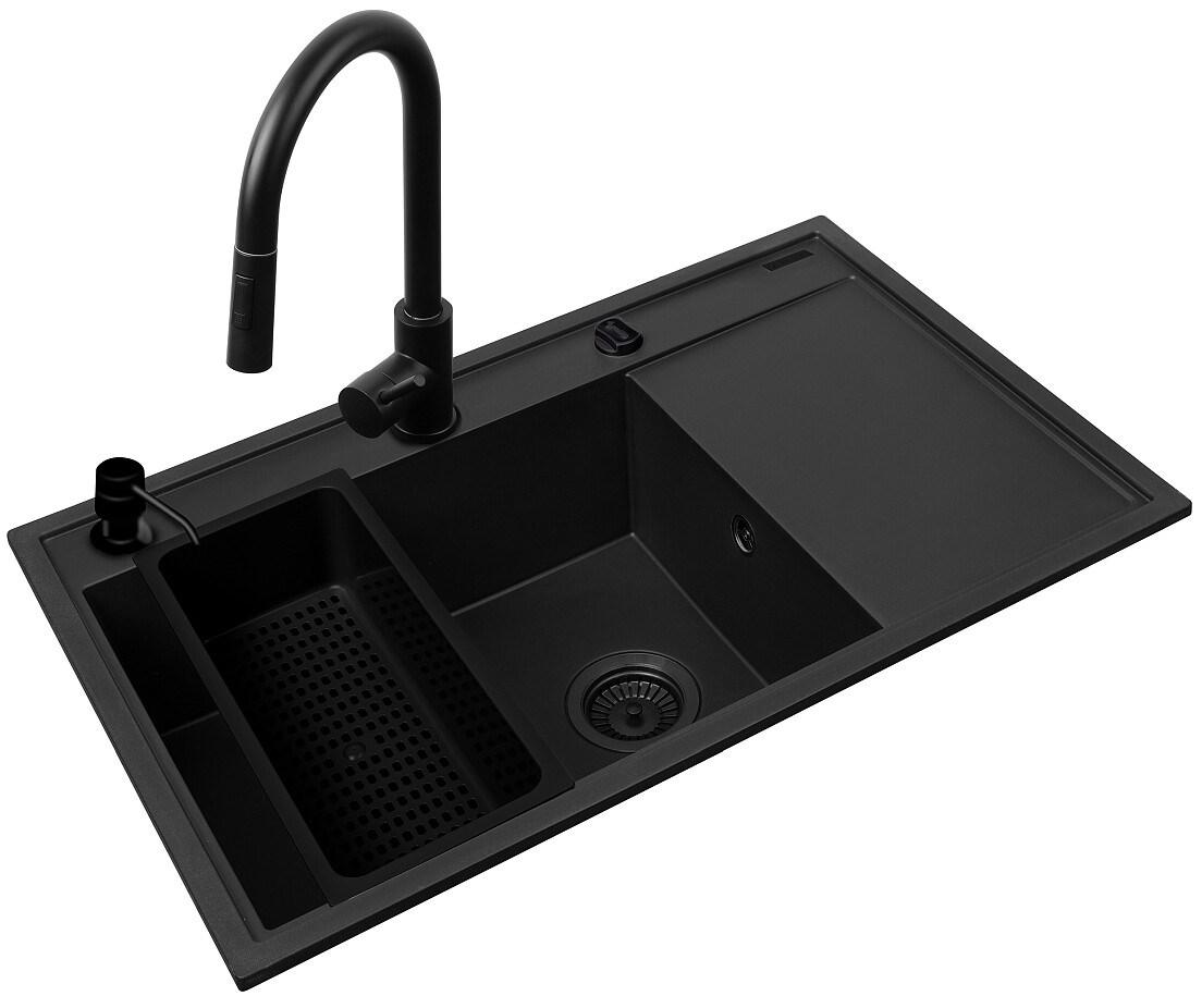 Køkkenvask med armatur PYRAMIS Camea 79×50 cm 1 kumme m/afløbsbakke + Idea Black Edition - sort granit billede