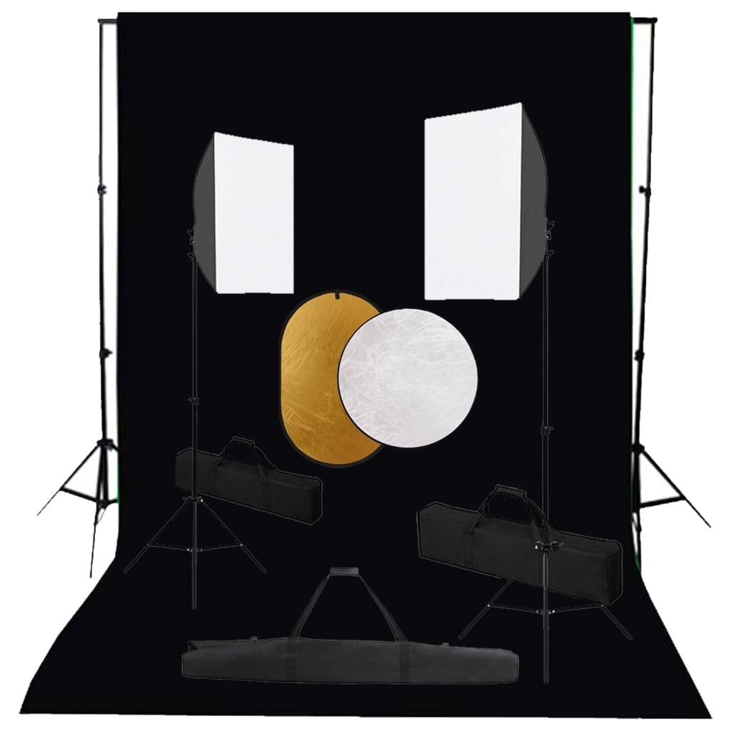 Fotostudiesæt med softbox-lamper + baggrund og reflektor