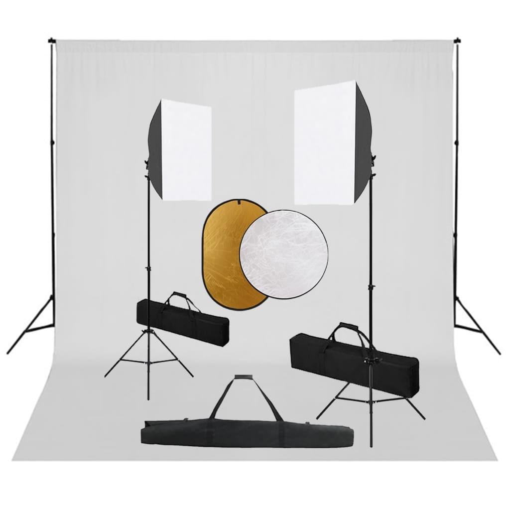 Fotostudiesæt med softbox-lamper + baggrund og reflektor