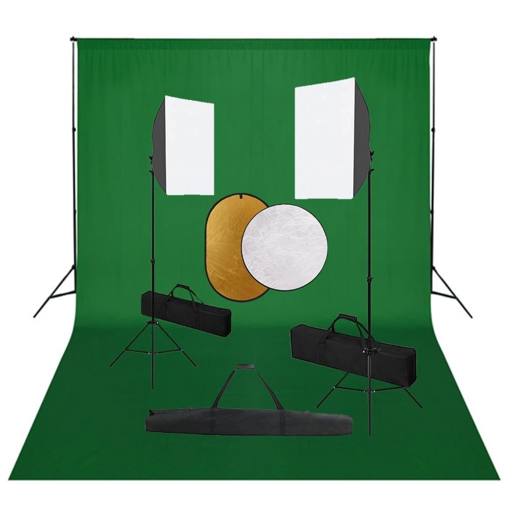 Fotostudiesæt med softbox-lamper + baggrund og reflektor