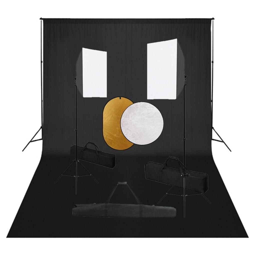 Fotostudiesæt med softbox-lamper + baggrund og reflektor