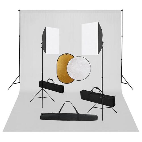 Fotostudiesæt med softbox-lamper + baggrund og reflektor