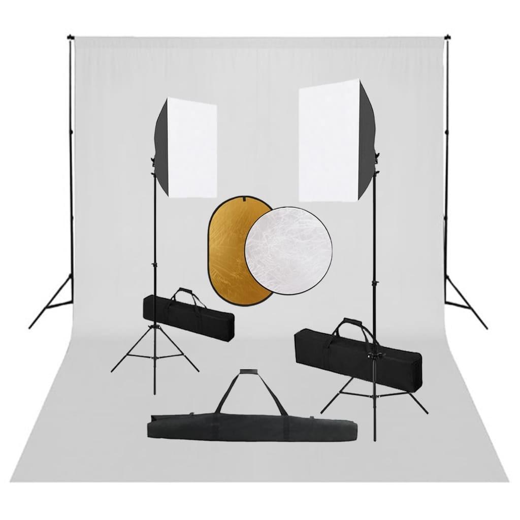 Fotostudiesæt med softbox-lamper + baggrund og reflektor