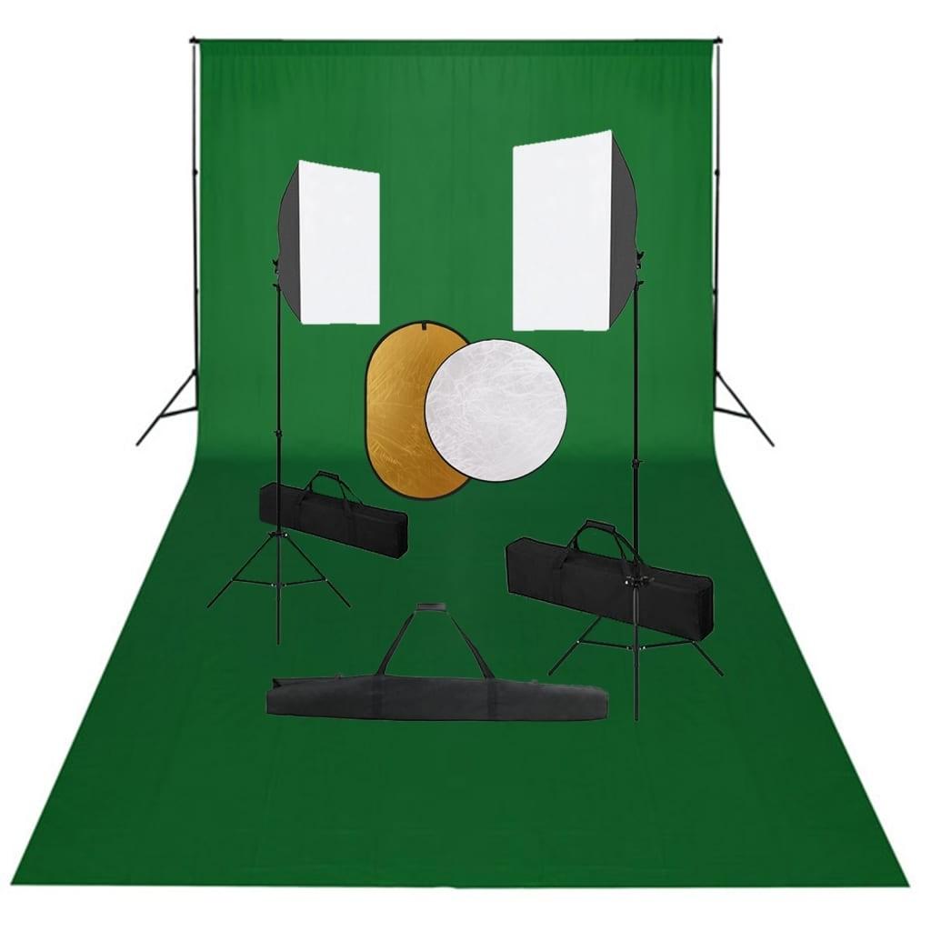 Fotostudiesæt med softbox-lamper + baggrund og reflektor