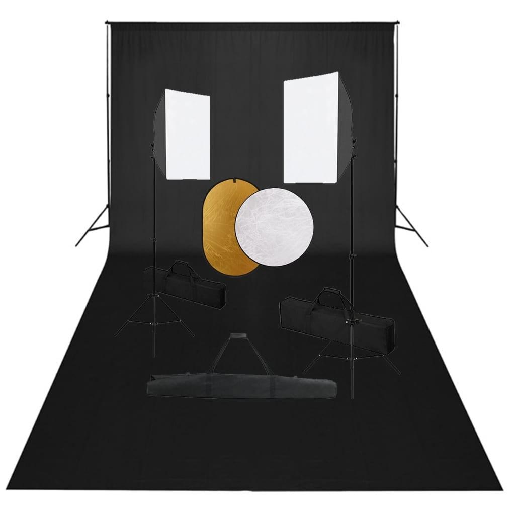 Fotostudiesæt med softbox-lamper + baggrund og reflektor