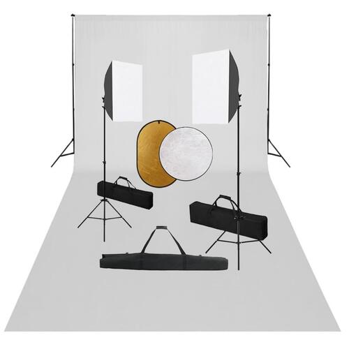 Fotostudiesæt med softbox-lamper + baggrund og reflektor
