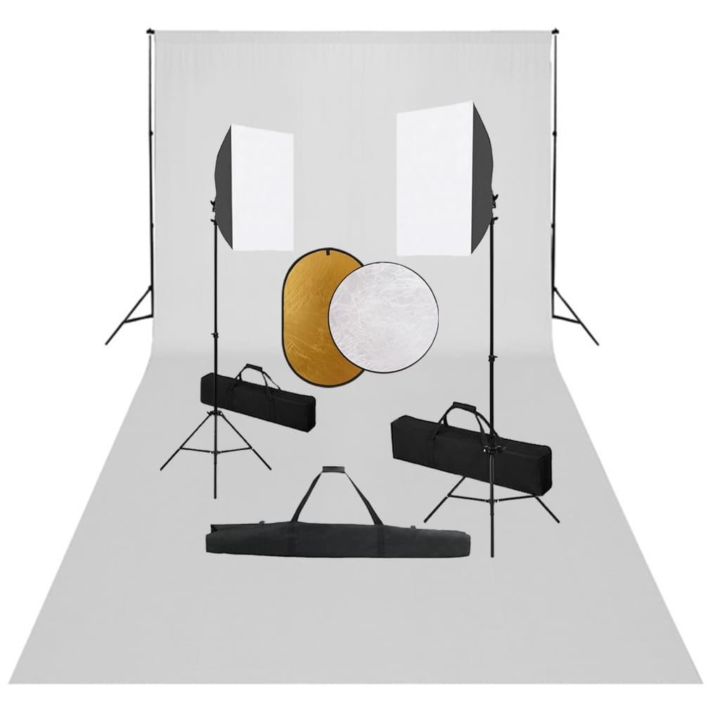 Fotostudiesæt med softbox-lamper + baggrund og reflektor