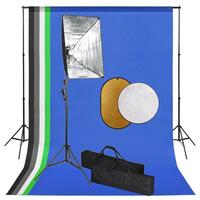 Fotostudiesæt med softbox-lamper, baggrund og reflektor