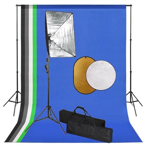 Fotostudiesæt med softbox-lamper, baggrund og reflektor
