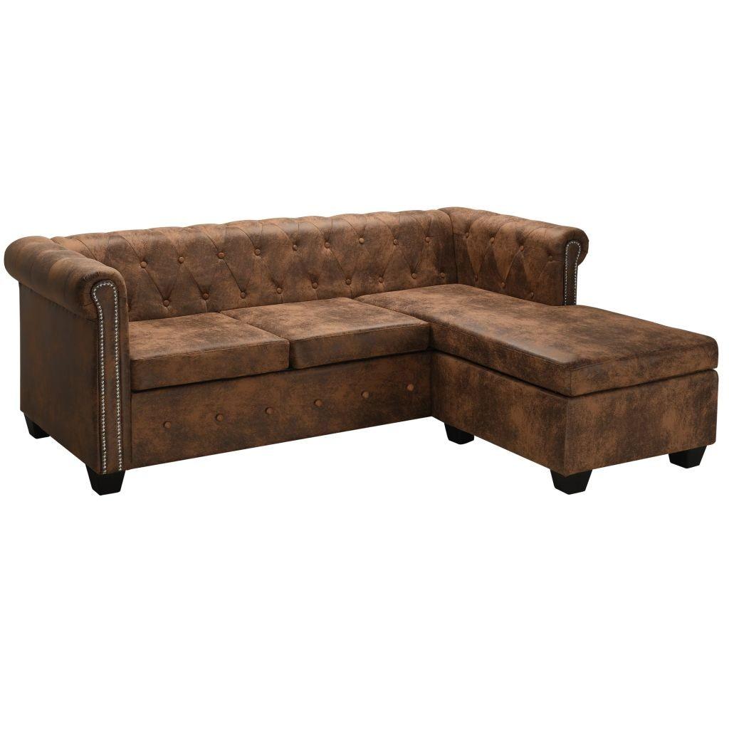 Chaiselong Chesterfield sofa imiteret ruskind brun
