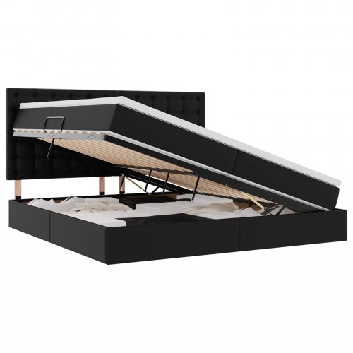 Seng med opbevaring og LED Sort 200 x 200 cm Faux læder