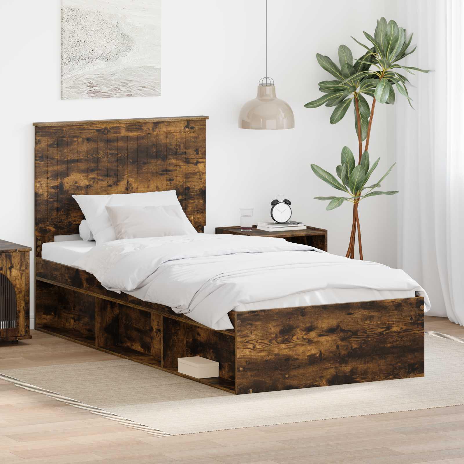 Sengestel med hovedgærde Røget eg 90 x 200 cm Massiv fyrretræ billede
