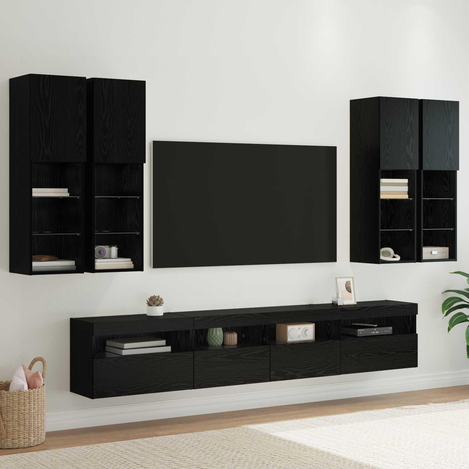 TV Væghængt Skabssæt med LED-lys 7 stk Sort eg 100 x 30 x 40 cm billede