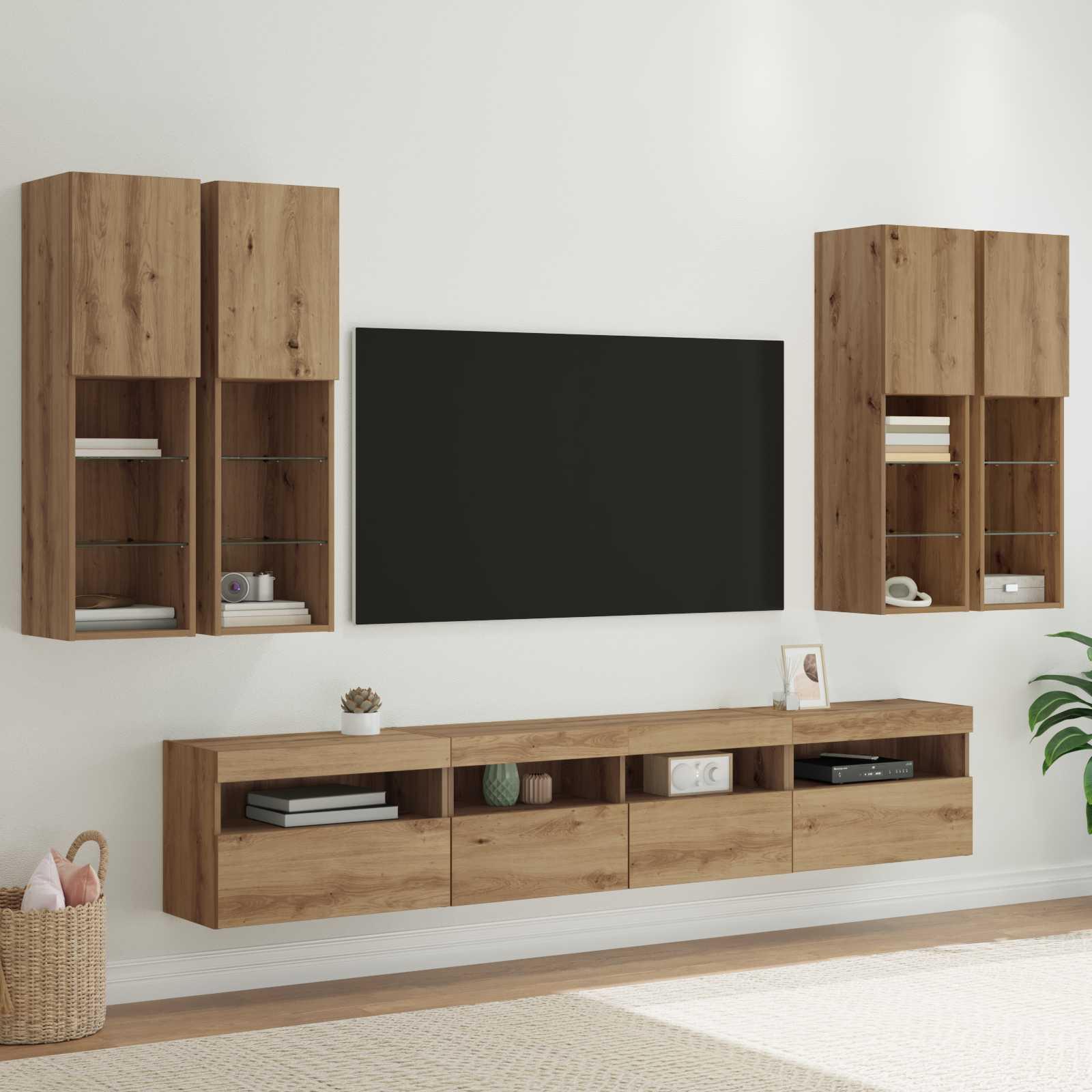 TV Væghængt Skabssæt med LED-lys Vægmonteret 7 stk artisan eg billede