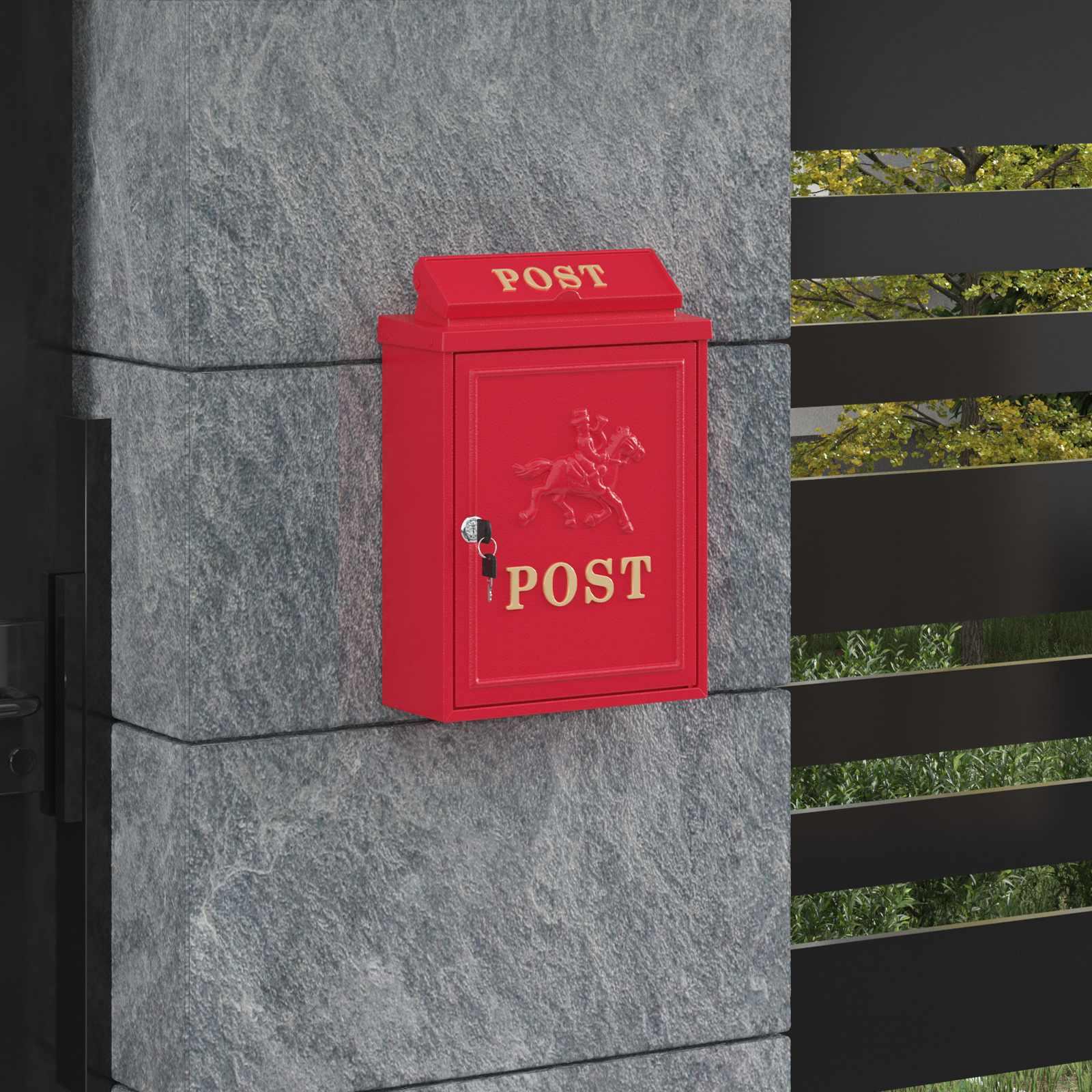 Væghængt postkasse med lås og regntag rød 29 x 13 x 41 cm