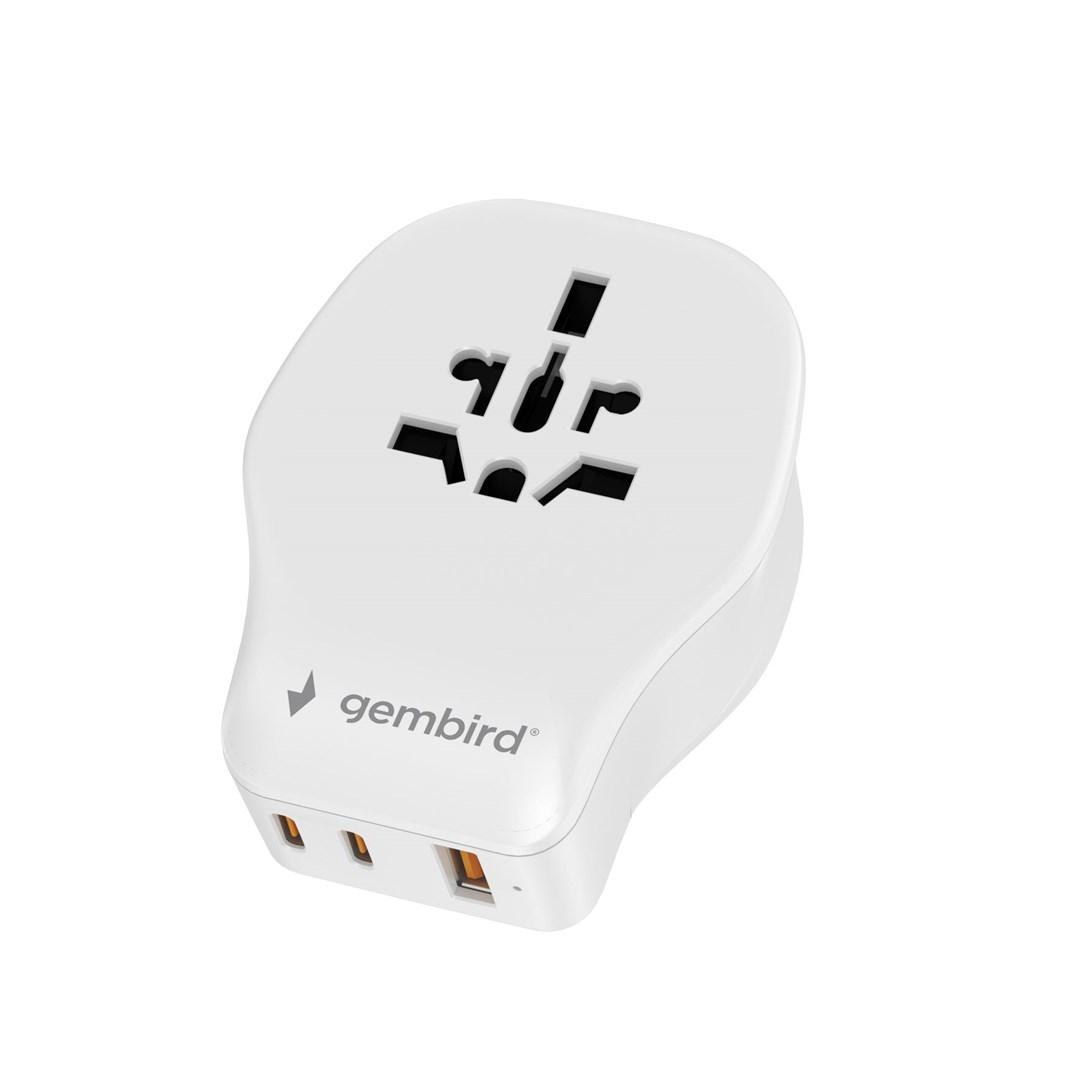 Rejseadapter med USB - Gembird universal, 20 W, hvid billede